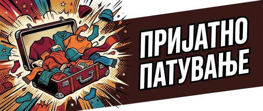 Overpacked luggage suitcase pop art illustration bursting with clothes for trip packing banner with Cyrillic text Bon Voyage, colorful comic book retro vintage holiday vacation travel concept.