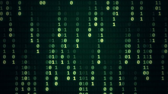 Abstract digital binary code stream with glowing green numbers on a dark background