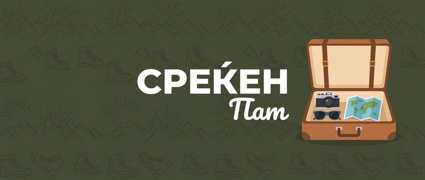 Travel luggage suitcase banner graphic with Cyrillic Happy Trip text, vintage open suit case filled with camera world map sunglasses on olive green mountain hiking background vector illustration