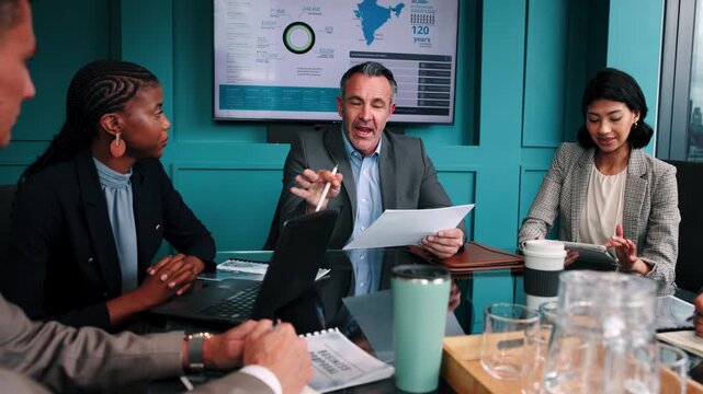 Manager, team and talk in office with document, sales stats or customer database for lead generation. Boss, people and conversation in business with paperwork, revenue analysis and conversion rate.
