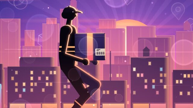 Delivery courier walking with parcel box against city skyline vector animation loop