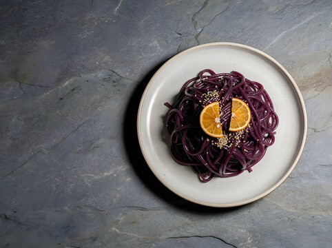 Vibrant Ube Pasta Delight: A plate of rich purple ube pasta adorned with dried orange slices and sprinkled with seeds, presented on a stone-like surface, offering a unique culinary experience.