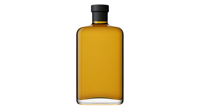 Isolated elegant glass bottle with amber liquid and black cap, perfect for spirits or oil mockup