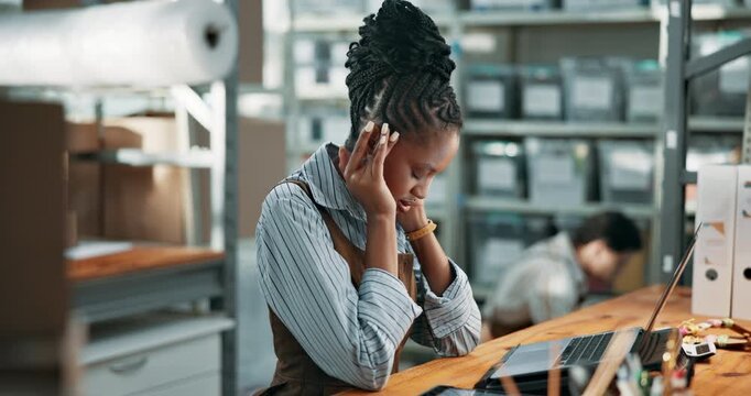 Woman, logistics or headache with stress on laptop for small business mistake or freight issue. Frustrated, female person or employee with migraine on computer for distribution fail or shipping delay