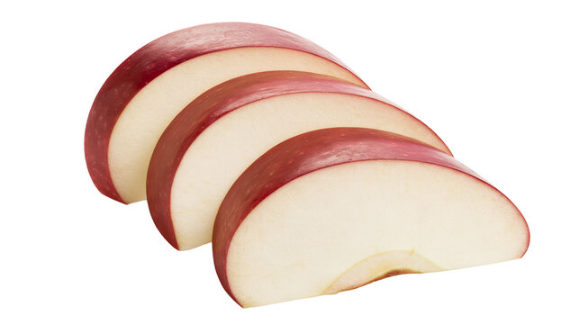 Isolated fresh red apple fruit cut into perfect slices arranged in a diagonal line