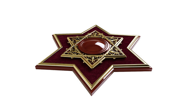 Isolated luxurious star award with ornate gold filigree on rich velvet texture and wooden base