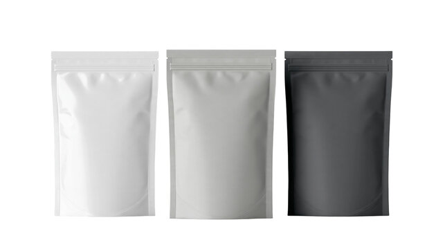 Isolated blank flexible stand-up doypack pouches, white gray and black packaging mockup