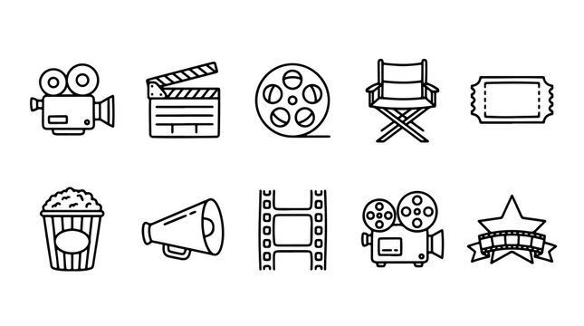 Cinema line icon set, 10 movie production elements on white background, minimalist film industry graphics for web and UI design