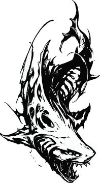 Aggressive shark with open jaws and sharp teeth, black ink brush style tattoo vector illustration
