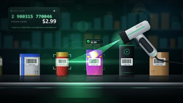 Automated barcode scanner on conveyor belt checking supermarket products loop
