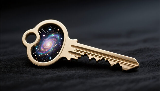 Golden key with galaxy design on a dark background  
