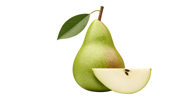Isolated fresh whole and sliced green pear with leaf, delicious ripe organic fruit.