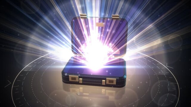 Luxury leather briefcase opening with magical glowing light rays emerging
