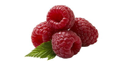 Isolated vibrant red raspberries with a fresh green leaf, delicious healthy organic fruit. © Aoife