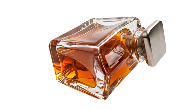 Isolated sophisticated glass bottle with golden amber liquid and stylish metallic cap
