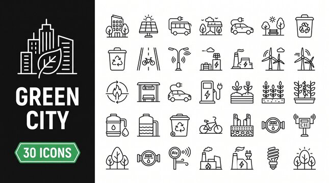 Green City Icon Set with Sustainable Urban Development, Eco Infrastructure, and Smart Environment Symbols