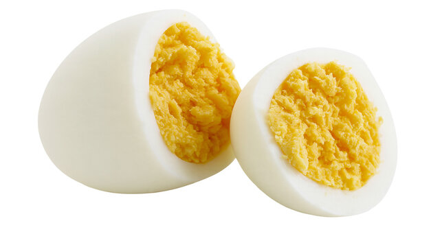 Isolated perfectly cooked hard-boiled egg halves, healthy nutritious breakfast ingredient