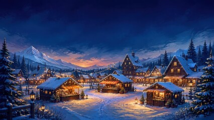 Obraz premium Snowy alpine village glowing beneath twilight mountain skies