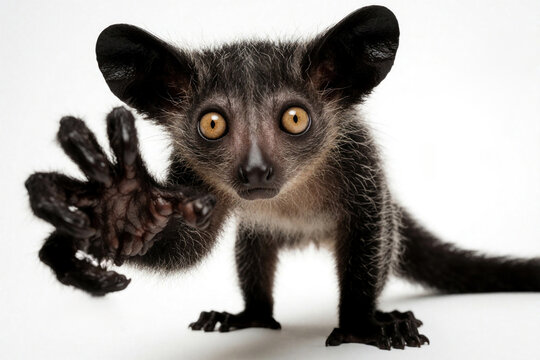 Aye aye lemur reaches paw toward camera on white background. Rare primate with large orange eyes, long fingers shows unique anatomy. Endangered mammal animal portrait for biology education wildlife