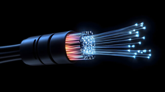 Close-up of a fiber optic cable with glowing blue light strands emerging from a black connector against a dark background, showcasing high-speed data transmission technology in modern infrastructure.