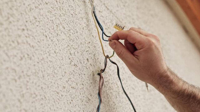 Man connecting electrical wires with screwdriver on textured interior wall