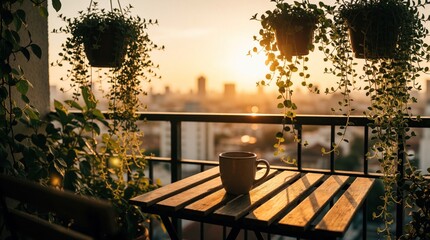 Fototapeta premium Coffee cup sits on wooden table on apartment balcony at sunset. Hanging green plants decorate terrace with city skyline view. Warm golden light creates cozy atmosphere for morning drink evening