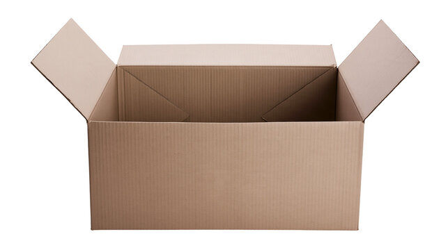 Isolated empty brown corrugated cardboard shipping box with open top flaps