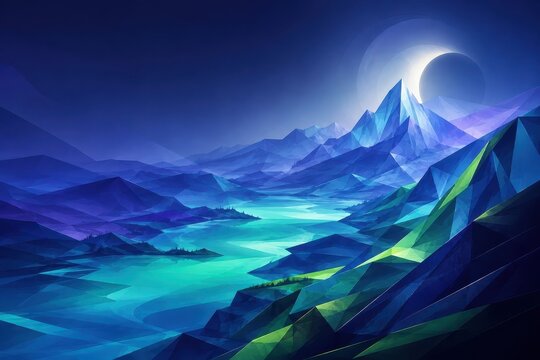 Low poly mountain landscape beneath a glowing eclipse moon