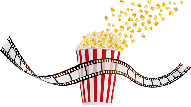 Isolated movie popcorn bucket with overflowing popcorn, flying kernels, and film strip design