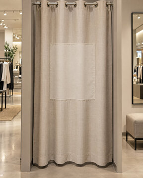Fitting room curtain mockup with blank woven patch in clothing store