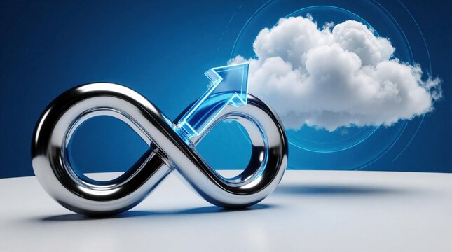 Metallic infinity symbol with blue glowing arrow points toward white cloud. Abstract concept for cloud computing, DevOps, data storage. Digital technology icon represents endless connection, seamless