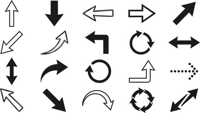 Black Arrow Icon Set Featuring Curved, Dotted, Hand Drawn, and Directional Pointers for Business Presentations, Infographics, Navigation UI, and Creative Web Designs
