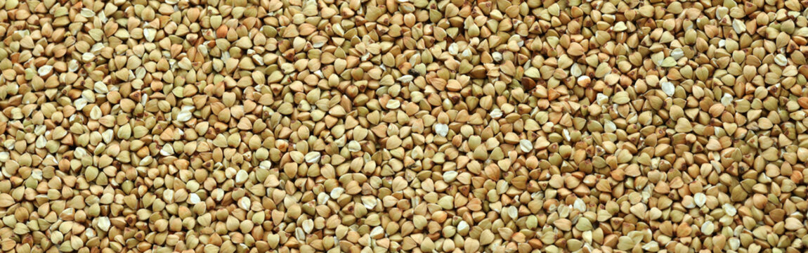 Detailed view on buckwheat grains in big pile on table close up