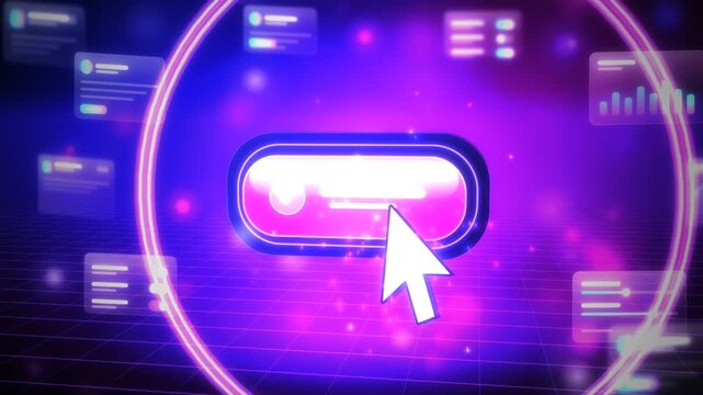 futuristic 3d cursor clicking button animation on digital cyberspace grid with floating data interfaces