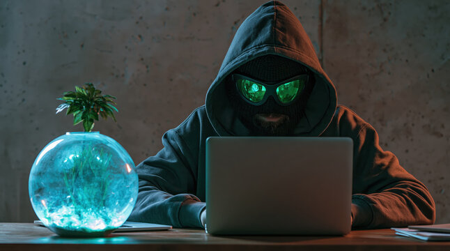 Hacker cybercrime dark room laptop hoodie mask cyber security anonymous computer hacking Expert hacker hoodie and mask using laptop dark room, green light reflection glasses and monitor