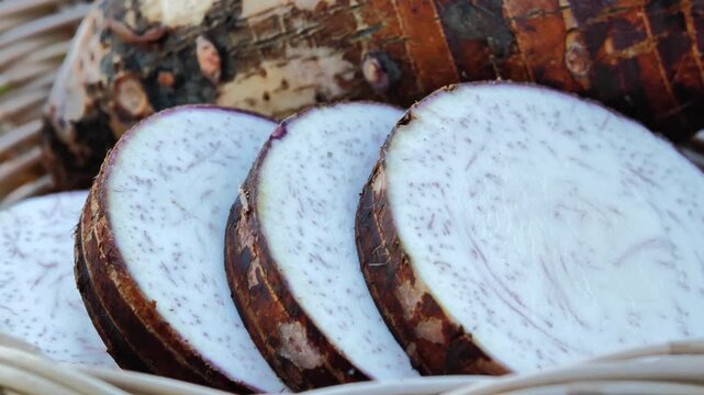 Raw taro in a basket