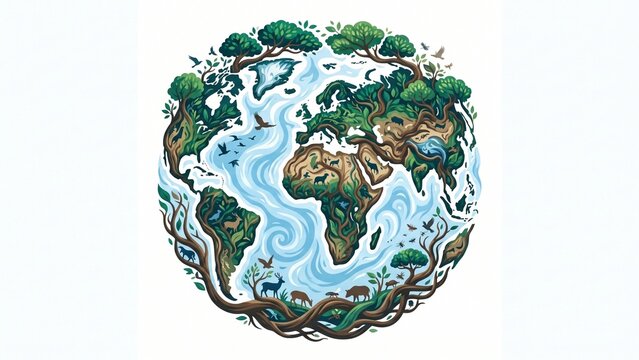 Artistic flat vector illustration of Earth formed by roots leaves and wildlife as living organism