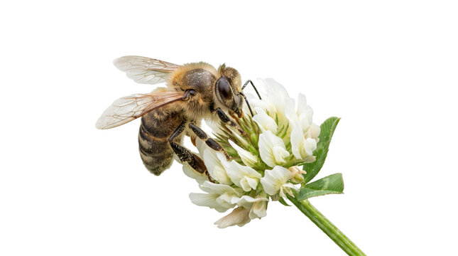Honey bee pollinating white clover flower, working honeybee gathering nectar on blossom, insect wildlife nature macro photo isolated PNG with Transparent Background