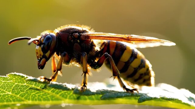 European Hornet Insect Macro Close-Up on Leaf