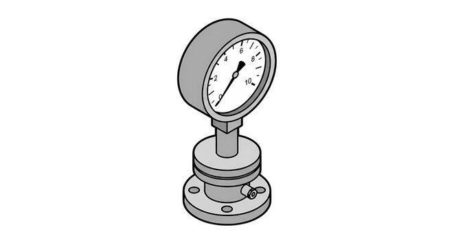 Industrial pressure gauge with diaphragm seal and circular dial housing isolated on white background. Process instrumentation and pipeline pressure measurement hardware vector illustration