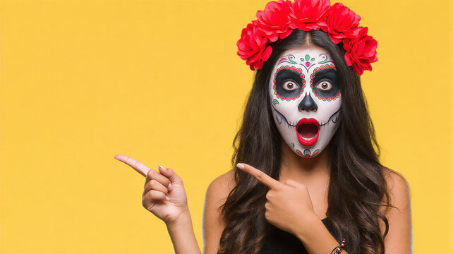 Woman with sugar skull makeup pointing at copy space on yellow background
