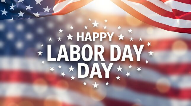 Happy labor day patriotic background with american flag and bright light flares