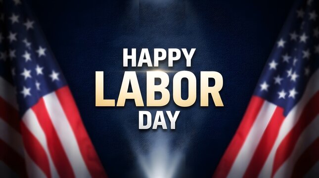 Happy labor day patriotic background with american flags and golden text illustration