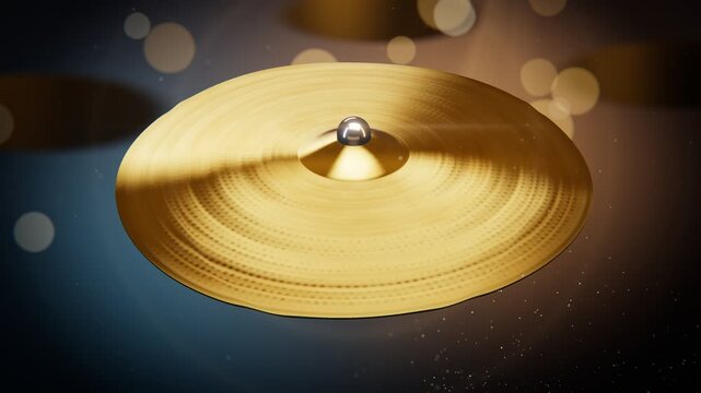 Shiny golden musical cymbal vibrating and crashing with sparkles in 4K