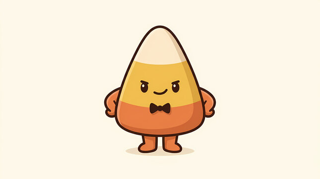 A cute cartoon candy corn character with a bow tie and a mischievous expression standing on a light beige background.