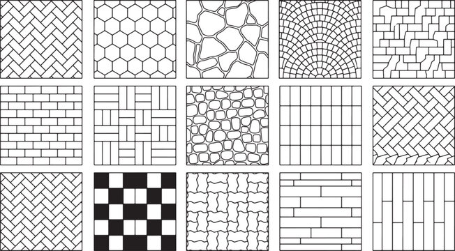 Set of fifteen seamless paving patterns including herringbone brick honeycomb and stone textures for architectural landscape design vector illustrations