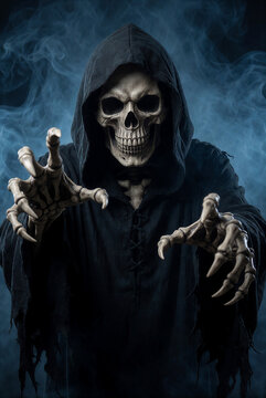 Grim Reaper Skeletal Figure Reaching Hand in Dark