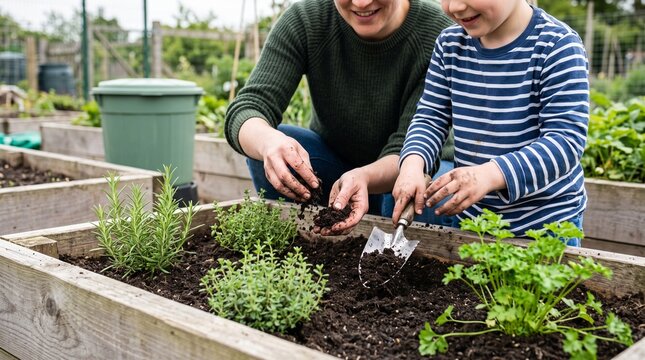 Parent and child enrich herbs with finished compost