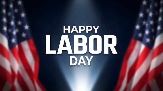 Happy labor day patriotic background with american flags and bright spotlight effect