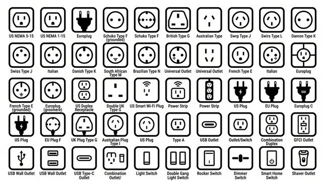 Electrical outlet icon collection featuring various socket designs, circular pin configurations, wall receptacles, switches, and plug openings in bold black rounded-square vector style.